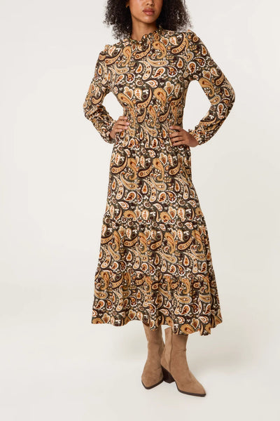 Nova Women's Brown Paisley Print Long Sleeve Midi Dress
