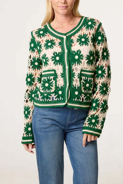 Floral Crochet Pocket Cardigan Green