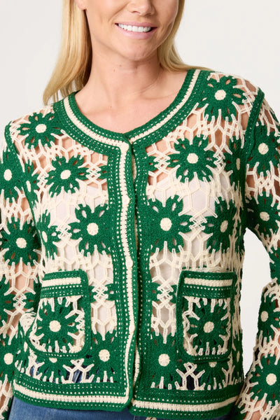 Floral Crochet Pocket Cardigan Green