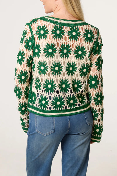 Floral Crochet Pocket Cardigan Green