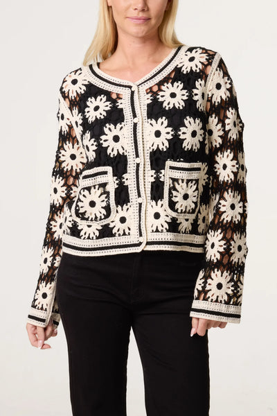 Floral Crochet Pocket Cardigan Black