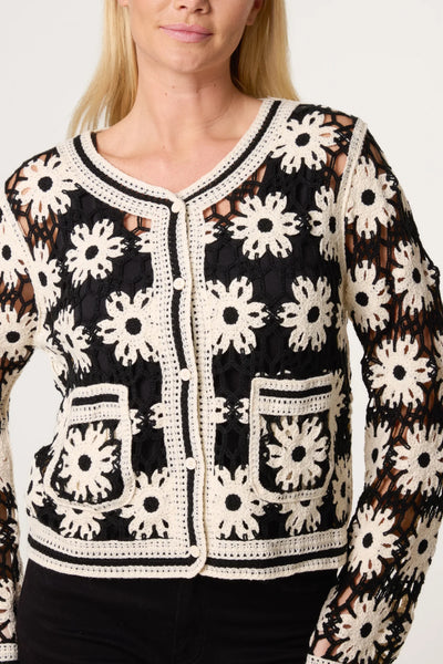 Floral Crochet Pocket Cardigan Black