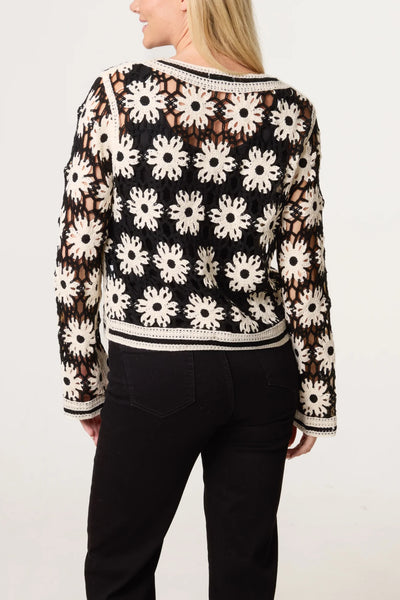 Floral Crochet Pocket Cardigan Black