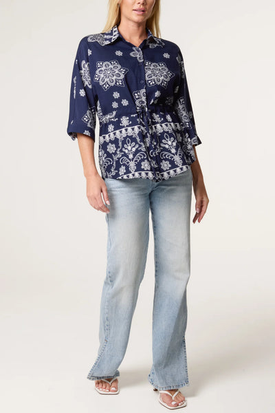 Border Flower Print Cinch Tie Shirt