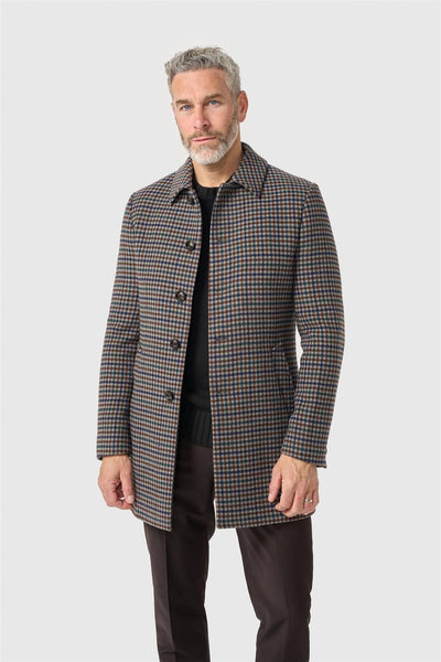 Cavani Men's Brown & Blue Houndstooth Check Overcoat