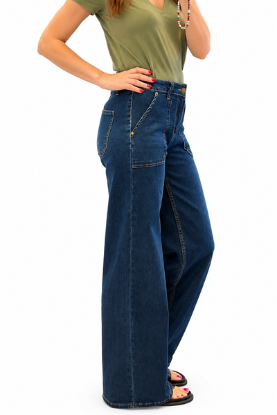 Toxik3 Women’s Dark Blue Wide-Leg Utility Jeans with Statement Pockets
