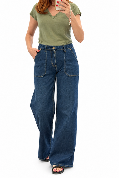 Toxik3 Women’s Dark Blue Wide-Leg Utility Jeans with Statement Pockets