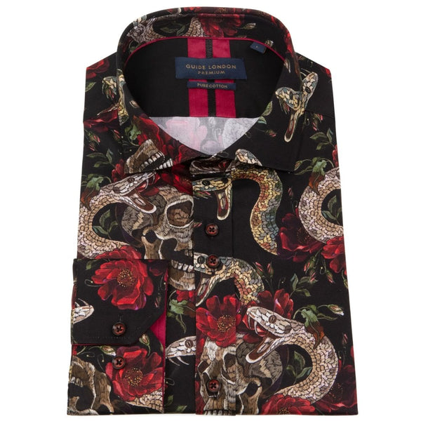 GUIDE LONDON EDGY SKULL RED ROSES AND SNAKE PRINT SHIRT
