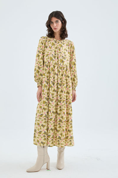 Compania Fantastica Midi Dress with Long Sleeves and Green Floral Print