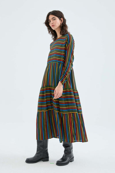 Compania Fantastica Midi Dress with Long Sleeves and Multicolor Stripe Print