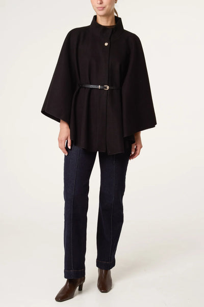 Elegant Belted Black Cape Coat