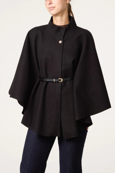 Elegant Belted Black Cape Coat