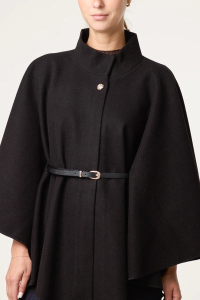 Elegant Belted Black Cape Coat
