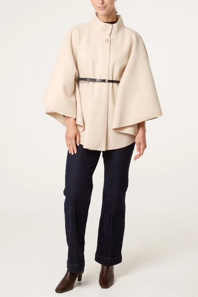 Elegant Belted Cape Coat in Stone Colour