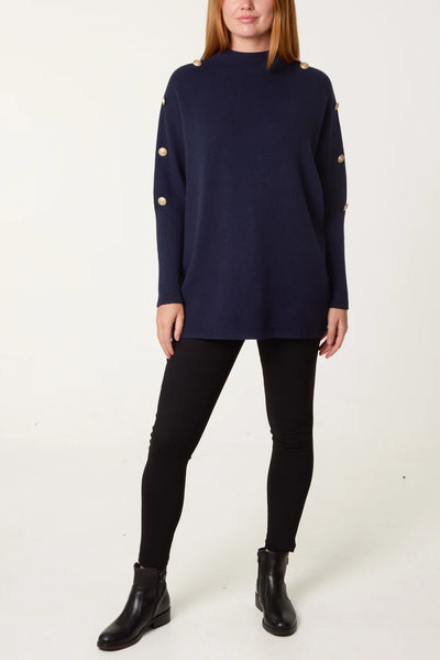 Navy Blue Long Sleeve Knit Tunic Jumper with Gold Button Detail