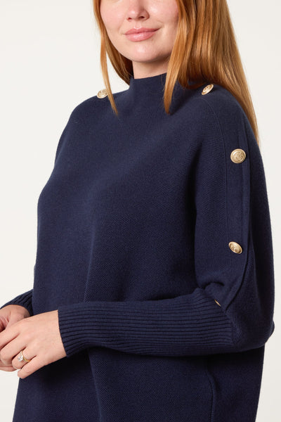 Navy Blue Long Sleeve Knit Tunic Jumper with Gold Button Detail