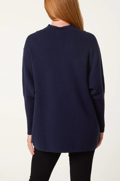 Navy Blue Long Sleeve Knit Tunic Jumper with Gold Button Detail