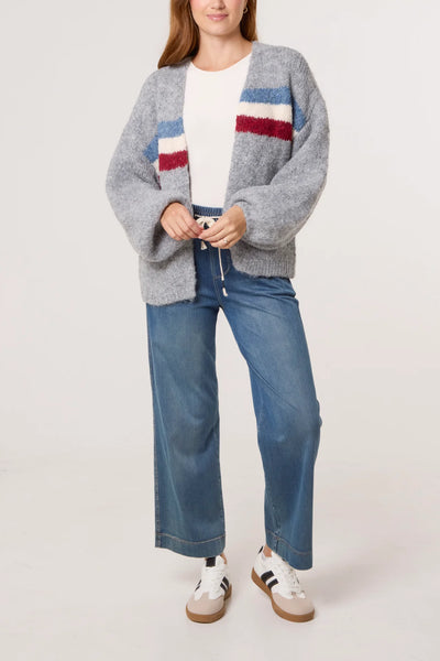 Balloon Sleeve Stripe Knit Cardigan