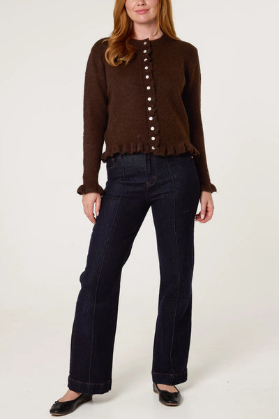 Ruffled Trim Button Through Cardigan in Brown