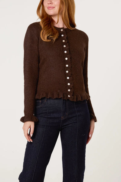 Ruffled Trim Button Through Cardigan in Brown