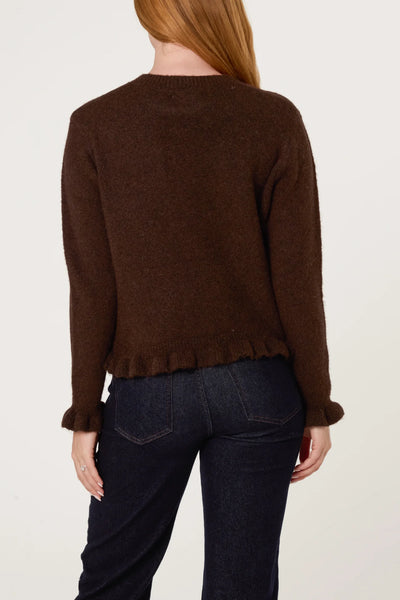 Ruffled Trim Button Through Cardigan in Brown