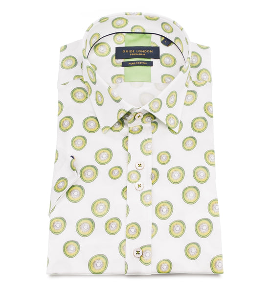 Guide London White Cotton Lime Print Short Sleeve Shirt
