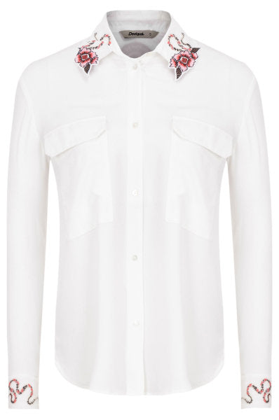 Desigual Long Sleeve Embroided Pattern White Shirt