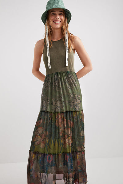 Desigual Khaki Print Long Dress