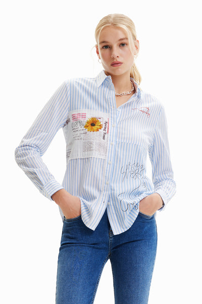 Desigual blue and white patchwork striped shirt