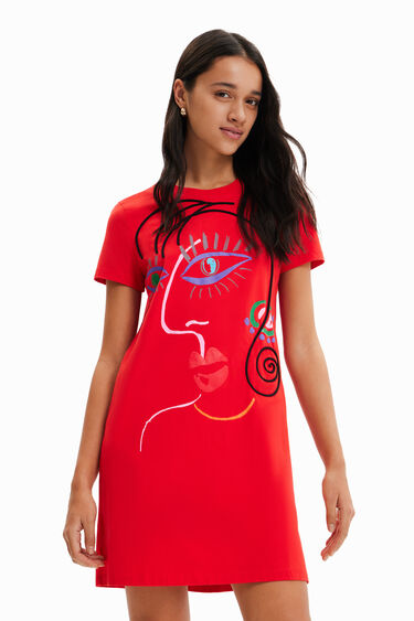 Desigual arty face T-shirt dress in red