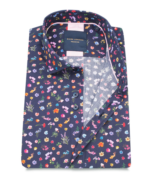 GUIDE LONDON FLORAL SHORT SLEEVE SHIRT IN NAVY & WHITE