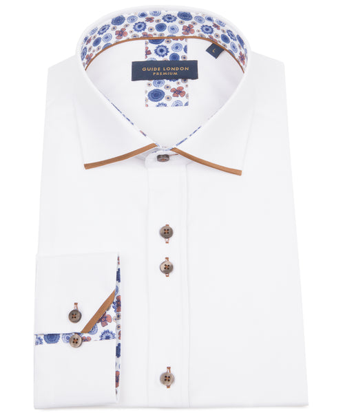 Guide London Contrast Tan Collar Tip Long Sleeve Shirt